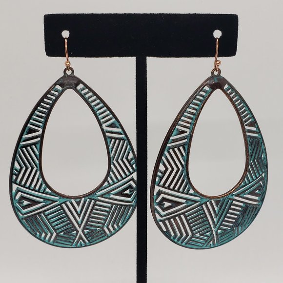 Bronze Patina Tone  and Turquoise Tone Drop Fashion Earrings - Picture 3 of 4